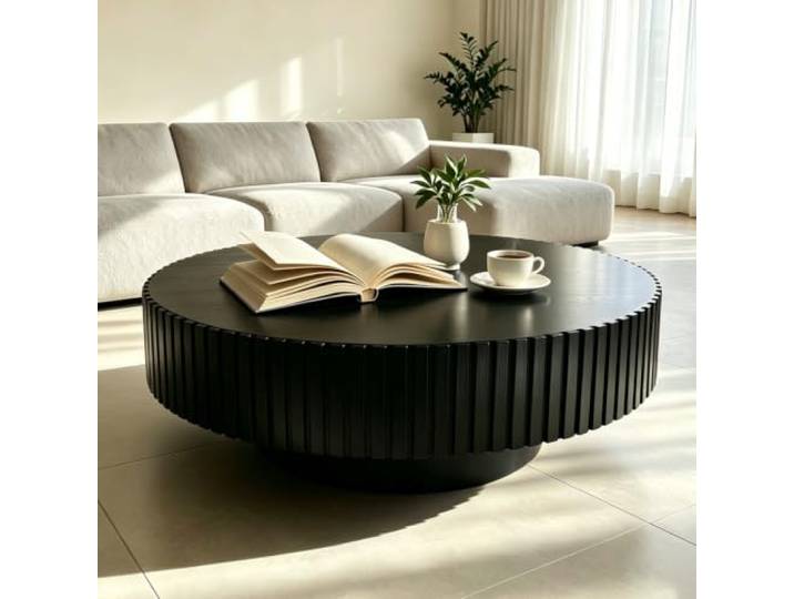 Runder Couchtisch 80Cm Mit Rillendesign – Moderner Trommel-Couchtisch Säulentisch, Mitteltisch, Wohnzimmer, Wohnung, Modern, Rund, Apartment, Für Kleine Räume, Einfache Montage