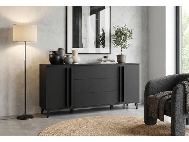 MINIO go for it - Kommode Huron, Sideboard Breite 150 cm Stehendes, mit Lamellen, Farbe: Schwarz matt