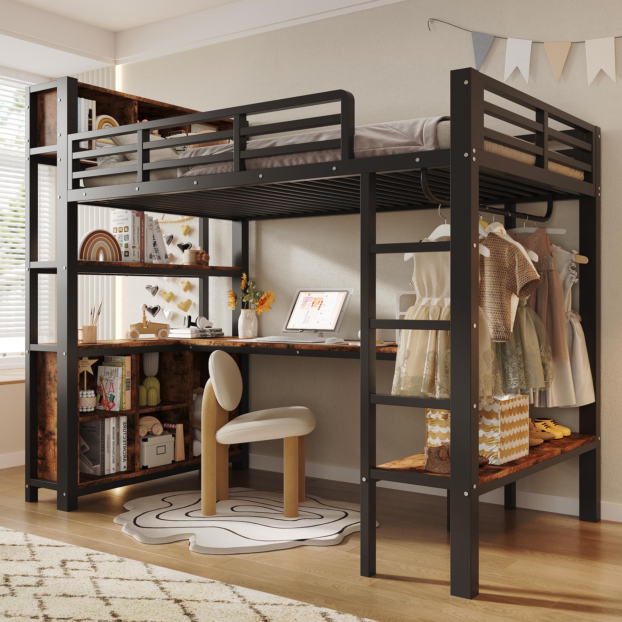 Merax Etagenbett Hochbett 90x200 cm, Kinderhochbett mit Schreibtisch, Kleiderstange, Regalen und Staufächern, Metall-MDF, Jugendbett, Schwarz