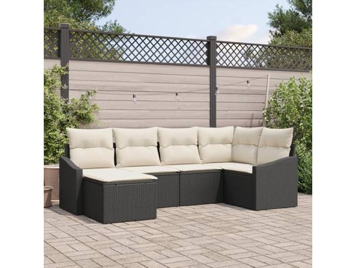 HEFZGDB 6-teiliges Garten-Esszimmer Set mit Kissen Schwarz Poly Rattan, Wetterfeste Outdoor-Möbel für Terrasse Balkon Garten, Bequeme Sitzgruppe mit Polsterung, Modulares Design,