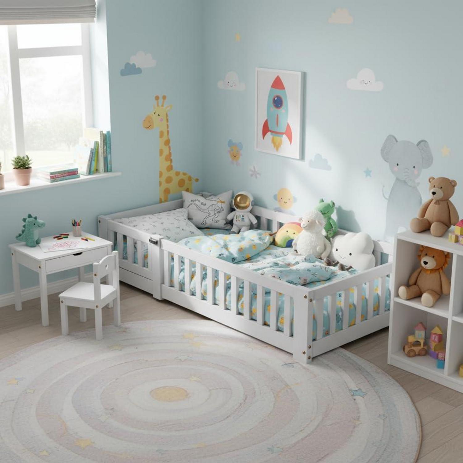 Kinderbett Bodenbett 120x200 cm Massivholz Weiß mit abnehmbarer Tür