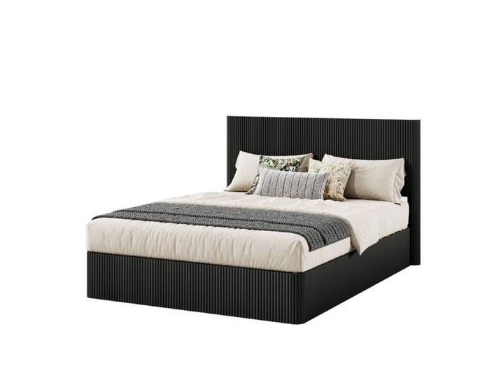 Lit Double Noir 160x200cm Design Rainuré levage Hydraulique Grand Rangement sommier Lattes Bois Stable Facile Entretien Sans Matelas