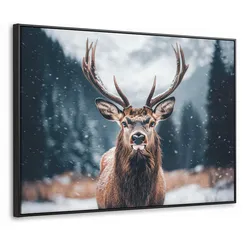 LEINWAND Bilder mit Rahmen - Hirsche - Tiere - Landschaft - Winter - Schnee - 100x70