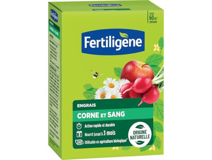 FERTILIGENE - Engrais Corne et Sang 3 kg - Apport azoté progressif - Nourrit jusqu'à 3 mois - Jusqu'à 60 m² fertilisés - Potager\, fleurs\, arbustes et arbres d'ornement