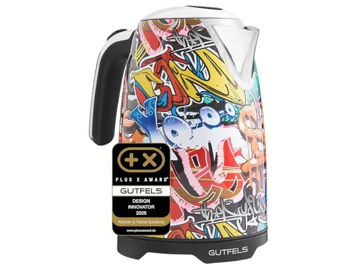 Gutfels Wasserkocher Water 3010 G - 1,7L, 2200W, Graffiti-Design, Bunt Design Teekocher mit Kalkfilter, 360-Grad-Sockel und Uberhitzungsschutz. Urbaner Street-Art Style fur die Kuche.