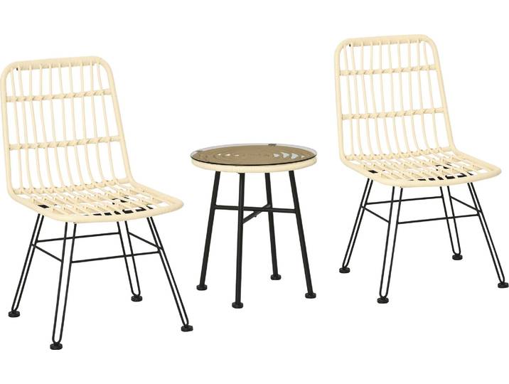 Outsunny Ensemble bistro de jardin 3 pièces 2 chaises + table basse ronde verre trempé 2 coussins zippés déhoussables polyester résine tressée PE métal galvanisé Ø 45 x 50 cm crème