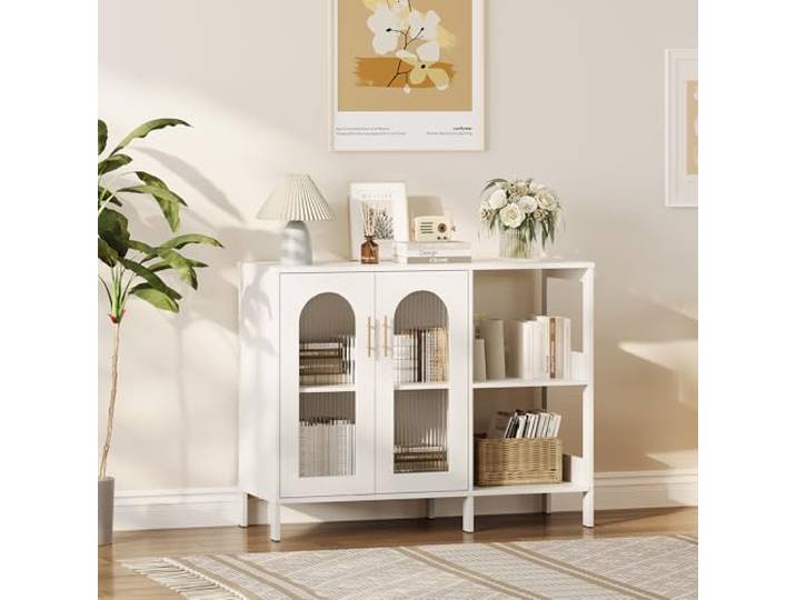Crevyteg Sideboard, Küchenschrank, Aufbewahrungsschrank, mit 2 Glastüren und 2 Offenen Fächern, Buffet-Schrank für Wohnzimmer, Küche, Esszimmer, 100 x 40 x 80cm, Weiß
