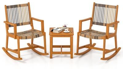 Costway 3 Piece Patio Rocking Set Acacia Wood Rocker Bistro Set with Rattan Seat and Back