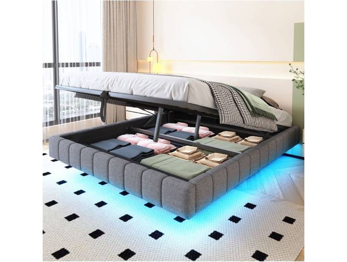 ELVORIN Lit coffre capitonné 160 x 200 cm gris sans tête de lit LED à couleurs changeantes vérin pneumatique sommier à lattes