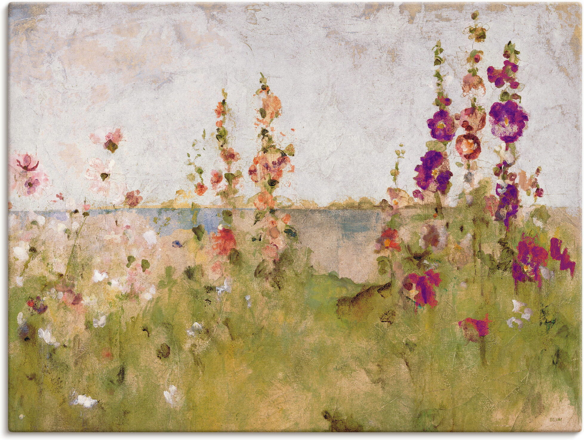Wandbild ARTLAND "Stockrosen am Meer", grün (farbe bild(er): grün), B:60cm H:45cm, Bilder, Wandbild, als Leinwandbild, Poster in verschied. Grössen farbe bild(er): grün B/H/T: 60cm x 45cm, Leinwandbild Blumen Querformat, 1 Stk.