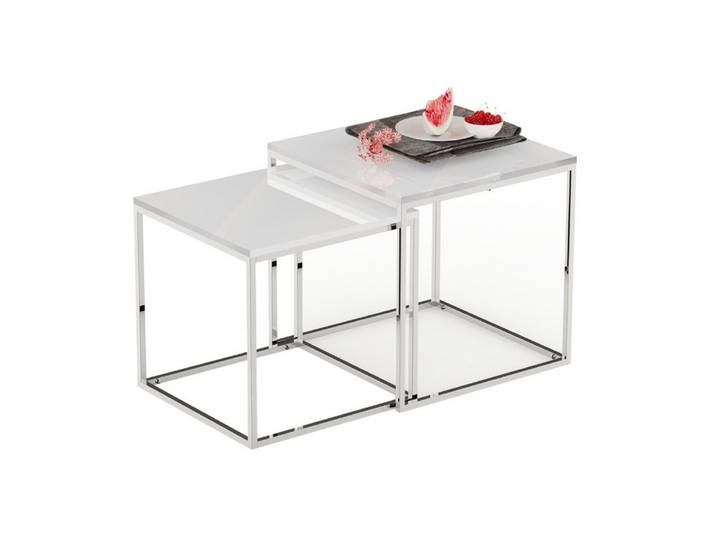 LebensWohnArt Beistelltisch 2er Set Design Beistelltisch MENTO weiss hochglanz 50cm Edelstahl