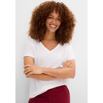 T-Shirt BONPRIX, Damen, Gr. 44/46 (L), weiß, Obermaterial: 65% Polyester, 35% Viskose, loose fit, Shirts T-Shirt, lockere Passform, Kurzarm-Design, V-Ausschnitt