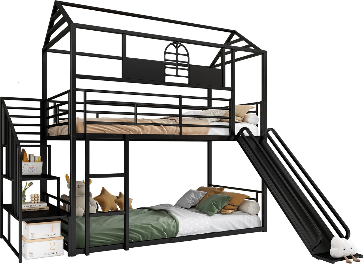 90x200cm Eisenrahmenbett ,Kinderbett mit Dach und Fenster, Mit Rutsche und Seitenleiter, Geeignet für Kinder und Jugendliche, Etagenbett mit Seiten