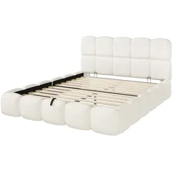 Merax Polsterbett 160 x 200 cm, Doppelbett mit Bouclé-Bezug, hydraulischem Stauraum, Lattenrost & gepolstertem Kopfteil, Weiß