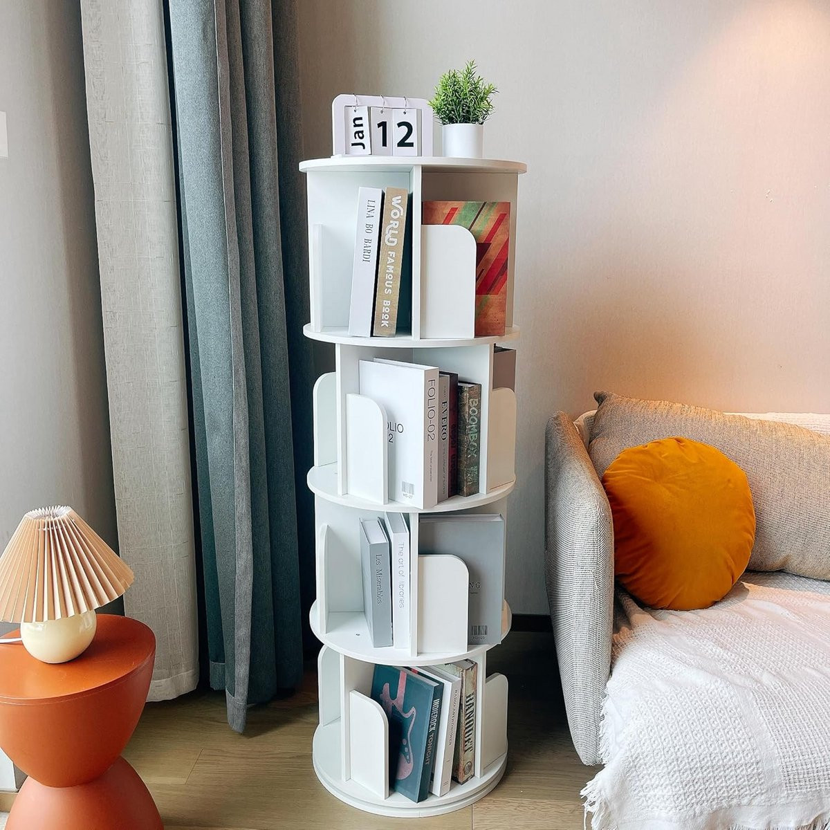 Draaibare Houten Boekenkast met 4 Verdiepingen - Ruimtebesparende Verticale Opbergkast - Hoogte: 128 cm