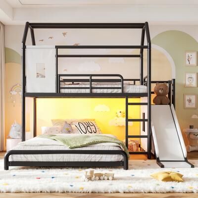 GREATPLANINC House Metal Bunk Bed with Slide Ladder LED Light Storage Cabinet