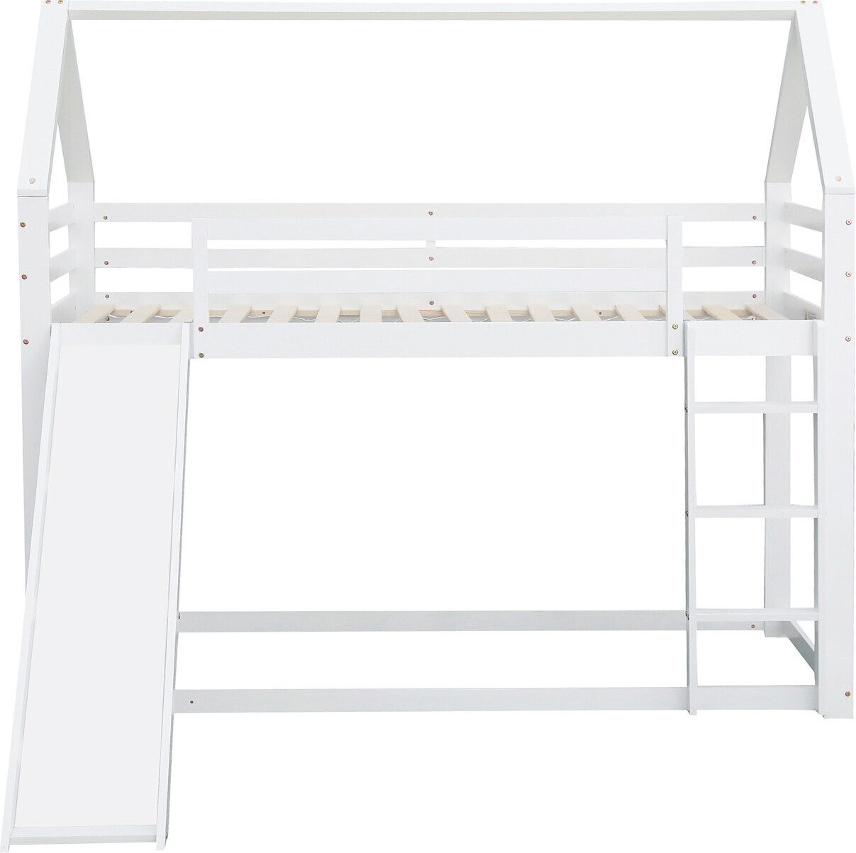 Einzelbett(Weiß,90x200cm)Kinderbett Hausbett Etagenbett mit Rutsche und Leiter