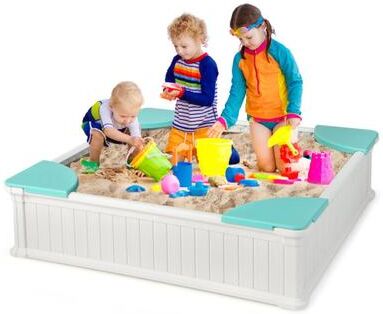 Costway Kids Outdoor Sandbox with Oxford Cover and 4 Corner Seats-White