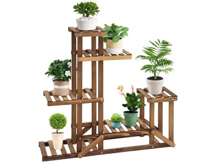 Étagère à Plantes Multi-Niveaux AoSenYunZhou Porte-Plantes Bois Massif Carbonisé 98x28x96 5 cm Intérieur Extérieur