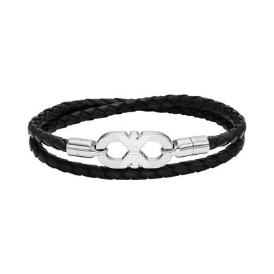 Wickelarmband EMPORIO ARMANI "Schmuck Geschenk Edelstahl, Leder", schwarz (edelstahlfarben, schwarz), Armbänder, Damen, 42,5cm, Edelstahl Leder, Edelstahl, Leder, Wickelarmband