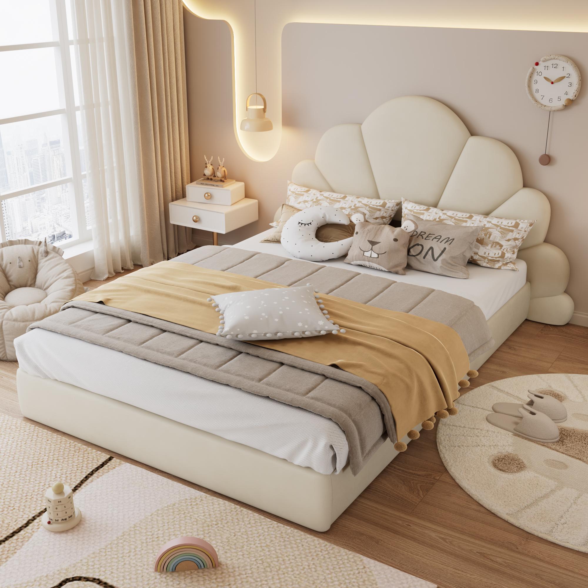 okwish Kinderbett 140x200 Jugendbett mit Matratze,Bettgestell mit geschwungenen Blütenblättern,Doppelbett mit Rutschfestes Bodendesign,Beige