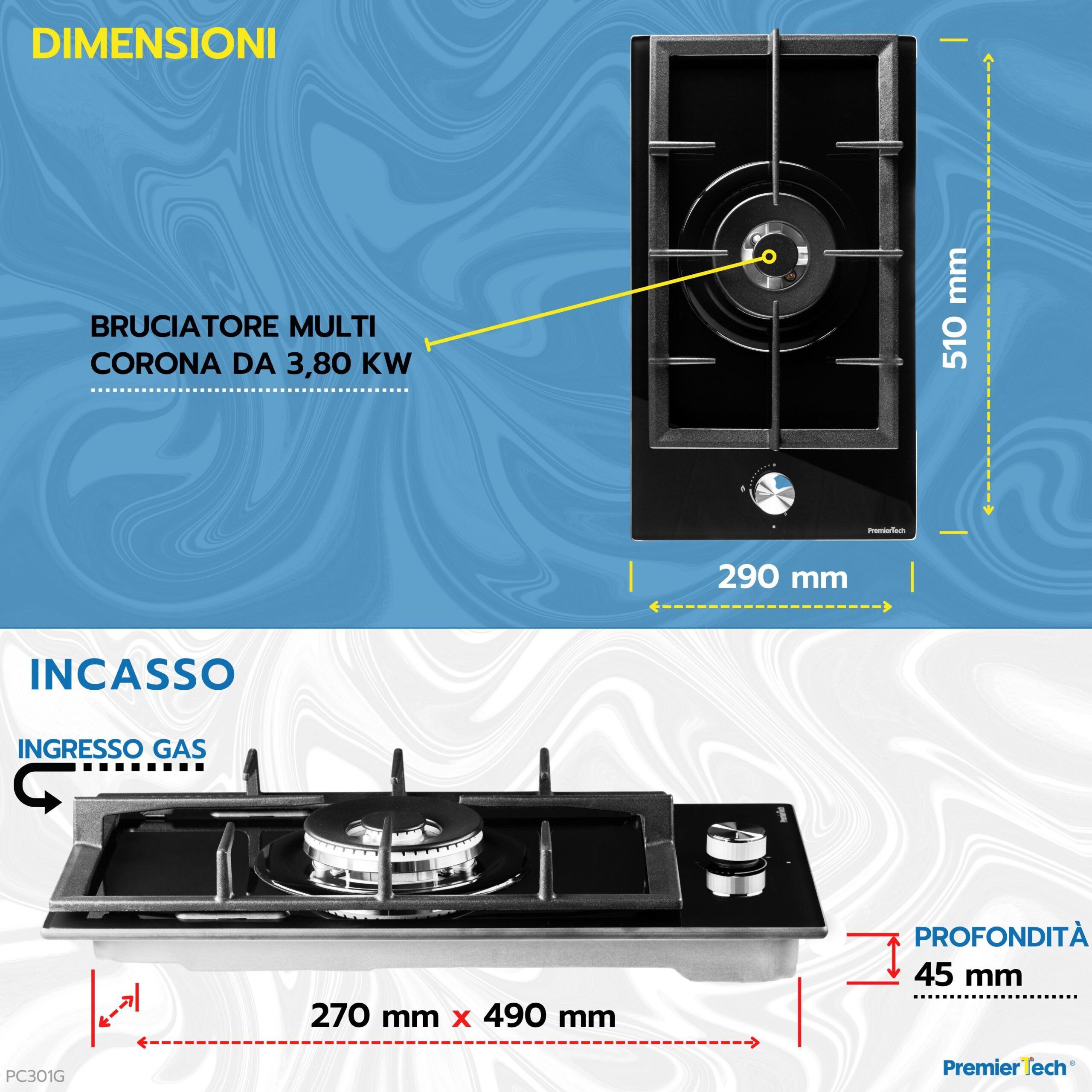 PremierTech® PremierTech PC301G Piano Cottura a Gas 1 fuoco 30cm Vetro Nero 1 bruciatore Griglie in Ghisa