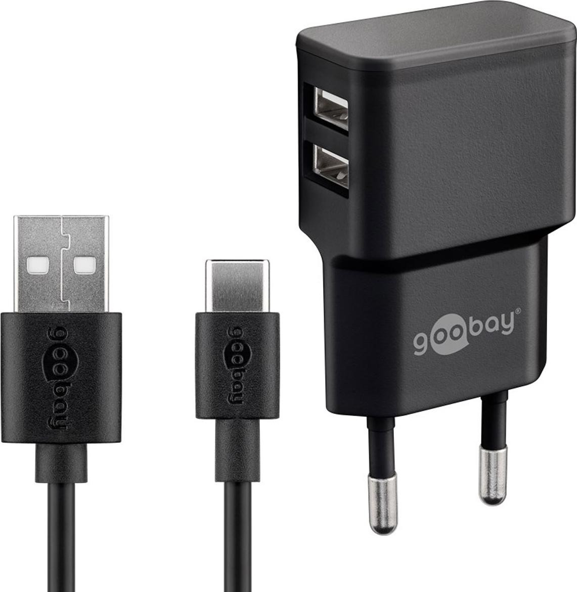Goobay Dubbele USB-netadapter met 2x USB-uitgang en USB-C oplaadkabel, 2,4 A, zwart