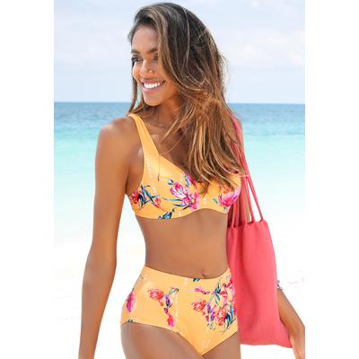 Highwaist-Bikini-Hose SUNSEEKER "Modern", Damen, Gr. 34, N-Gr, gelb (gelb, bedruckt), Polyamid, bedruckt, floral, Badehosen, mit floralem Design