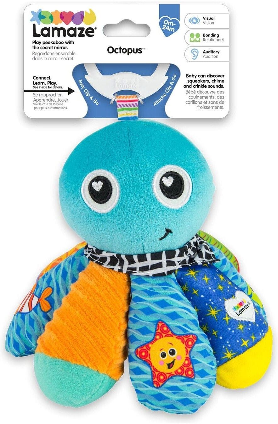 Lamaze Salty Sam the Octopus Clip-On Sensory Baby Toy for Babies - Soft Textured Toy with Crinkly Fabrics, Squeaker and Chime - Birth to 12 Months