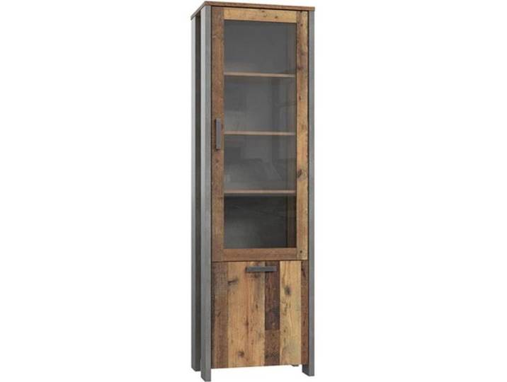 Vitrine 2 portes 6 niches effet bois rustique et béton gris - BUCK - Vintage