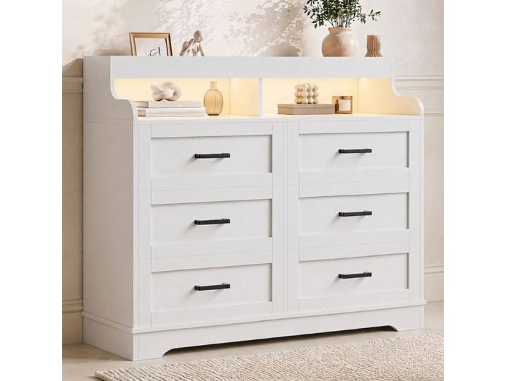 Commode à 6 Tiroirs avec LED Commode Chambre Adulte Compartiments Ouverts Anti-basculement pour Salon et Chambre Blanc