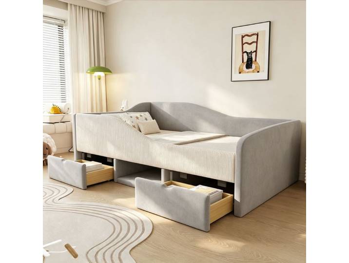 Lit simple 90x190 cm lit enfant 2 tiroirs barrière antichute velours gris