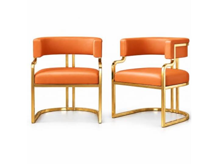 JS Ellie Esszimmerstuhl Kunstleder mit Armlehnen, Metallgestell in Gold Gebogene Lehne, Polstersitz, Pflegeleichter Bezug für Esszimmer, Büros und Empfangsräume(Orange,set of 2)