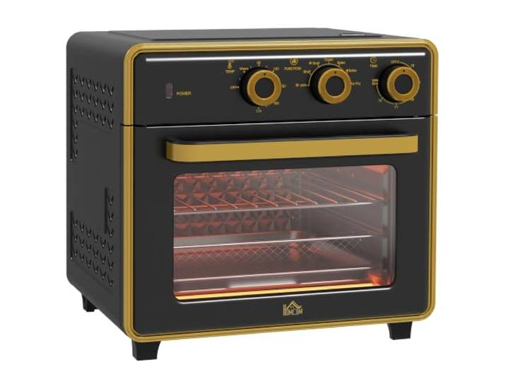 HOMCOM Minibackofen mit Umluft 20L Mini Ofen, Backblech, 1400W, Metall Grillrost, Krümelblech, 90 °C-230 °C Heißluftfritteuse, 5 Modi, Frittierkorb, 60 Min. Timer