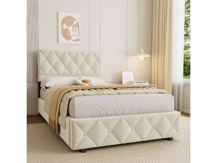 Lit enfant 90x200cm lit simple montage facile lattes bois silencieuses structure stable charge 250kg velours beige
