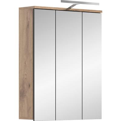 Badezimmerspiegelschrank WELLTIME "Riga, Breite 60cm, inkl. LED Beleuchtung, 3 Spiegeltüren, 9 Fächer", braun (holzfarben), B:60cm H:77cm T:18cm, FSC-zertifizierter Holzwerkstoff, Schränke, Badmöbel, Badschrank, Schrank, Wandschrank, Bad, Badezimmer