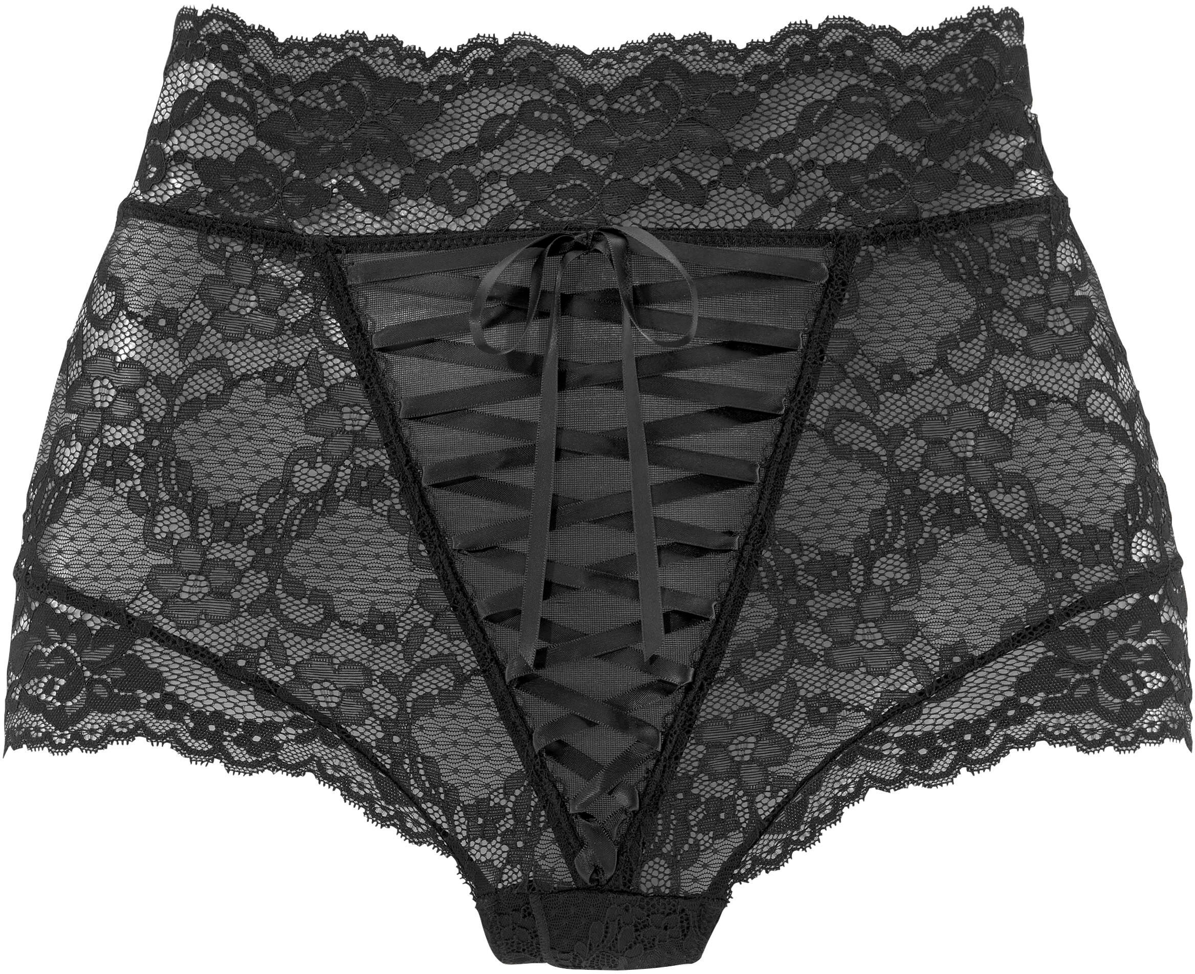 High-Waist-Slip "Slip, Taillenslip aus Spitze mit verführerischen Schnürungen", Damen, Gr. 32/34, schwarz, Spitze, Obermaterial: 90% Polyamid, 10% Elasthan, PETITE FLEUR GOLD BY LASCANA, körpernah, Unterhosen High-Waist-Slip, sexy Unterwäsche, sexy Dessou