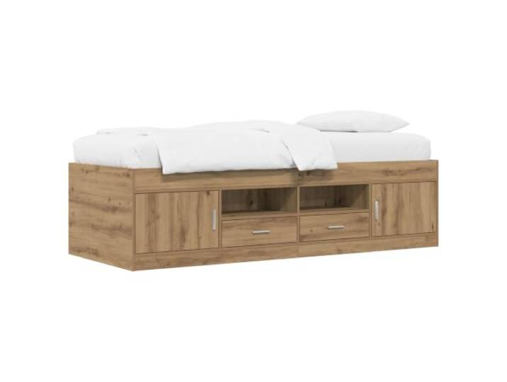 PUGYNBK Artisan Bettgestell mit Aufbewahrung, Eiche, 80 x 200 cm Aufwändiges Holz, Schubladen und Regale, fester Lattenrost, moderner Stil