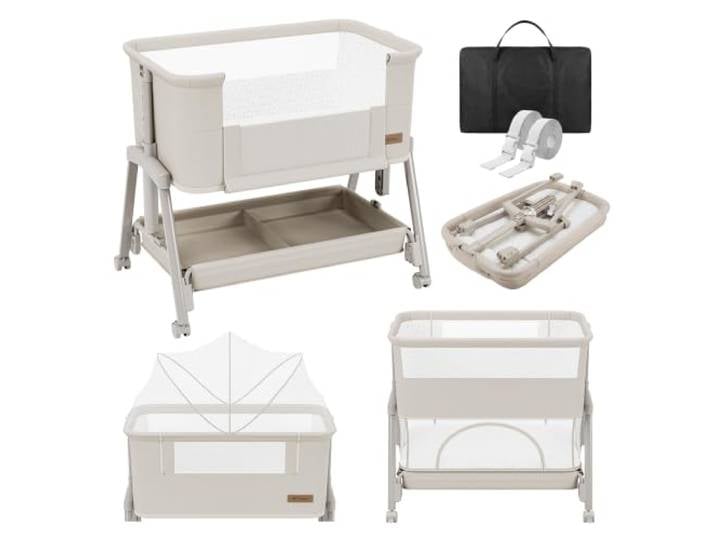 TULANO Dream 55 Beistellbett Baby - Reisebett Baby mit Matratze - 4in1 7-fach höhenverstellbar mit Laufstallfunktion - Rollen und Zubehör - schnell faltbar für Zuhause und Reisen – Beige
