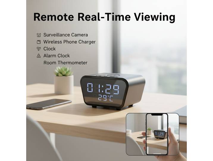 Caméra 4K UHD avec carte SD de 16 Go, chargeur sans fil 5 en 1, horloge, alarme, thermomètre