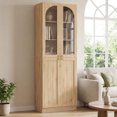 Rackcog 80'' H Bookcase with Arched Glass & Solid Doors, Modern Display Bookshelf Storage Cabinet for Living Room, Bedroom, Home Office