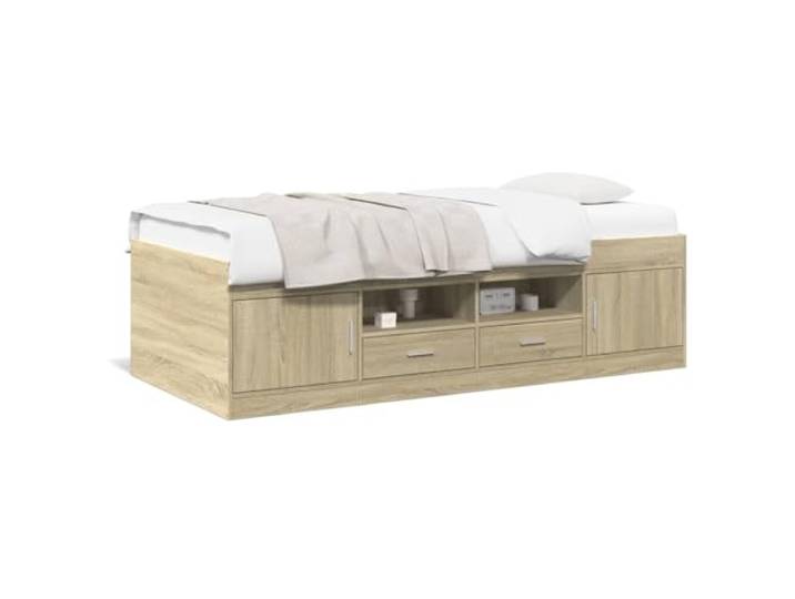PUGYNBK Schlafsofa mit Schubladen, Sonoma-Eiche, 100 x 200 cm Holzstruktur, Sperrholzleisten, Verwendung im Wohnzimmer, Schlafzimmer, ohne Matratze