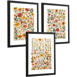 POSTER 3er-Set Wandbilder Wildblumen modern Wohnzimmer Deko, Schlafzimmer, Küche, Badezimmer Schwarzer Rahmen A4