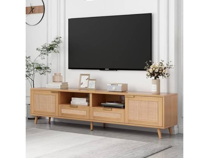 OLIVIBED TV-Schrank mit Offene Fächer, TV Lowboard mit Rattan Schubladen und Türen, Fernseher Tisch für 85-Zoll-Fernseher, TV Board für Wohnzimmer, Oak, 200x37x49cm