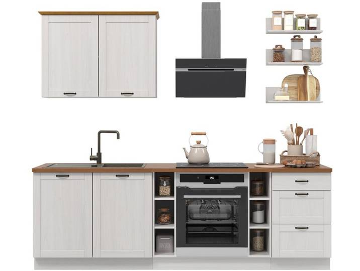 Küchenzeile HOME AFFAIRE Teramo , weiss (küche: weiß, front: weiß, korpus: weiß, arbeitsplatte: honigfarben), B:250cm T:60cm, Komplettküchen-Sets, Küchenzeile, Breite 250 cm, Kiefer massiv, mit Arbeitsplatte