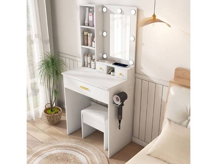 MEULVA Coiffeuse blanche 60 x 38 x 131 5 cm avec miroir LED 3 modes prise intégrée 3 tiroirs et tabouret