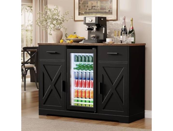 Aauro Home Großer Kaffee-Barschrank mit integriertem Kühlschrank, 120 cm Landhausstil Sideboard mit Weinlagerung, 2 Schubladen & geräumiger Arbeitsfläche, Haus Sideboard Schwarz