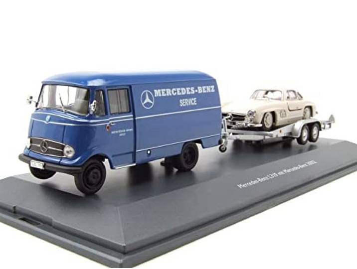 Schuco Mercedes L 319 mit Anhänger blau und 300 SL beige Modellauto 1:43