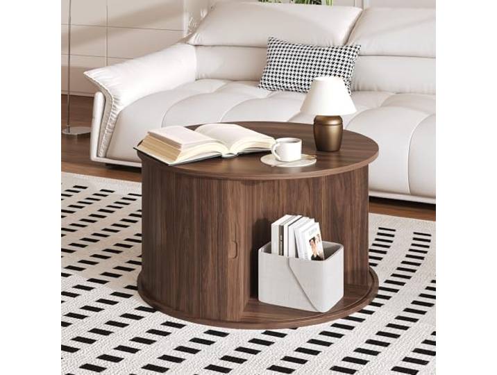 GarveeMore Runder Couchtisch mit Stauraum, Mid-Century Modern Holzoptik