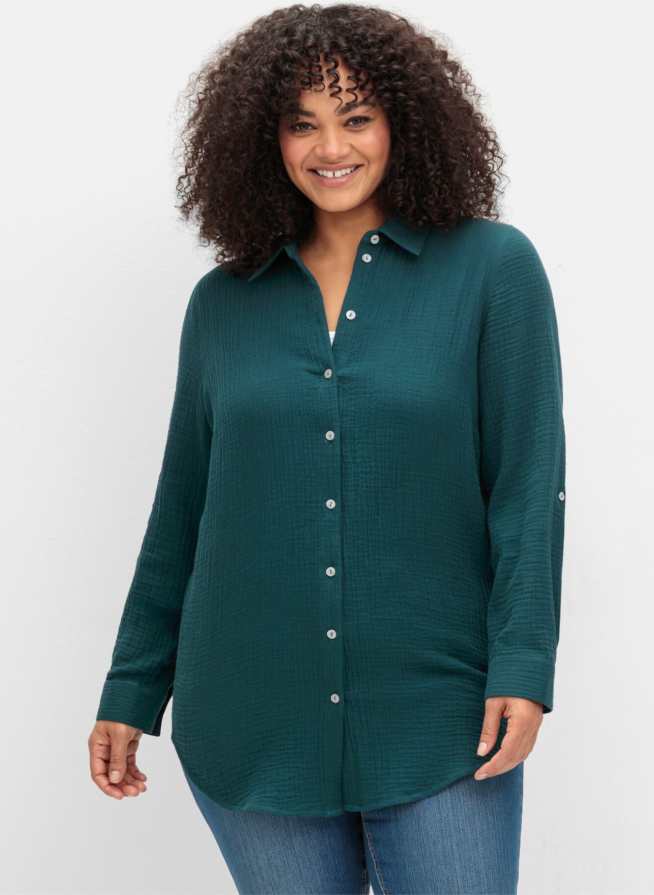 Hemdbluse SHEEGO, Damen, Gr. 46, blau (petrol), 100% Baumwolle, unifarben, Blusen Hemdbluse petrol 46